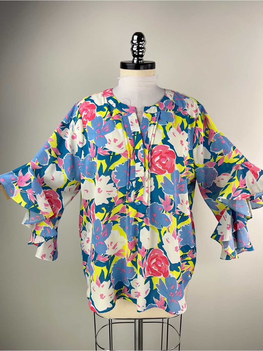 💚 3724. Floral Ruffled Sleeve Blouse - Blue/Pink